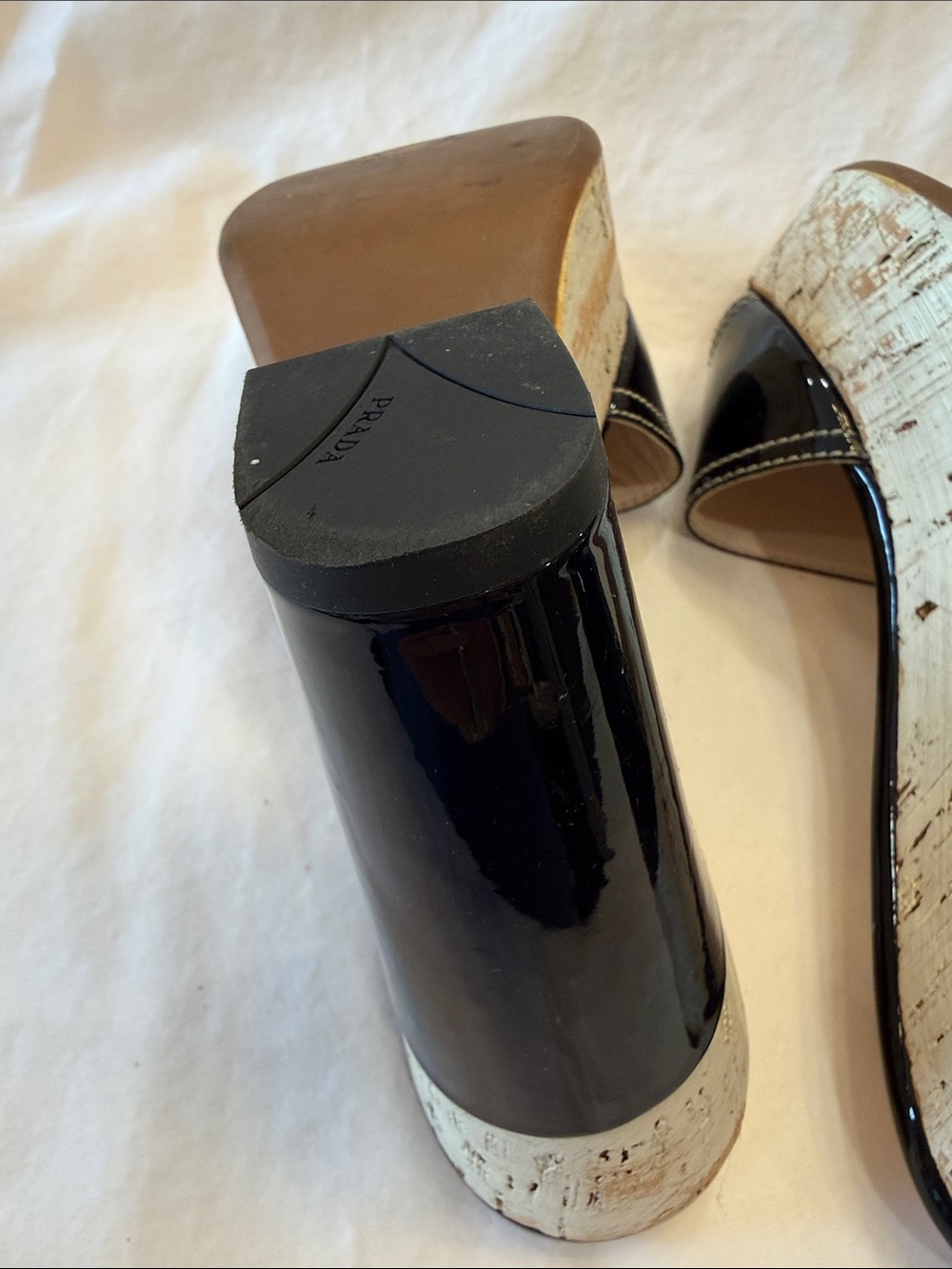 Prada Black Patent Leather Cork Platform Slide Heels - Picture 10 of 10